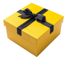 AI generated Yellow gift box with stylish black ribbon on transparent background - stock png. png