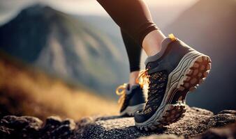 AI Generated Athletic pair of female legs in running shoes on trail. Young attractive woman walking or hiking in forest or park, preparing for sprint or marathon. photo