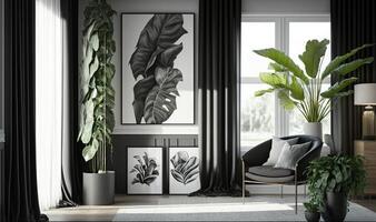 AI Generated Contemporary room with black frames, draperies, and potted green plants, livingroom. Generative AI photo