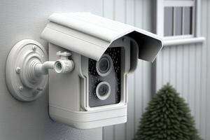 AI Generated CCTV surveillance security camera equipment in a tower home and house building mounted on a wall for outside safety system photo