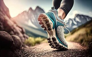 AI Generated Running sneaker shoe sole on hard rocky terrain on mountain path during ultra trail marathon race, athletic man, trained legs during workout outdoors. photo