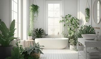 AI Generated Soft native organic shapes look of bathroom with big window oval bathtub with lights and Green palm plants in selfcare wellness luxury living photo