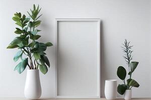 AI Generated Blank square frame mockup for artwork or print on white wall with eucalyptus plant in vase, copy space. photo