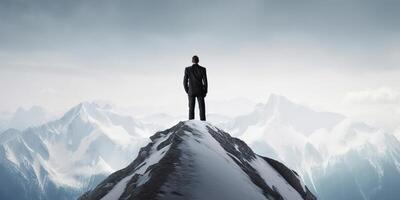 AI Generated Businessman wearing formal suit and holding suitcase, standing on the mountain photo