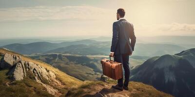 AI Generated Businessman wearing formal suit and holding suitcase, standing on the mountain photo