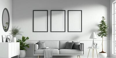 AI Generated Blank square three frames mockup for artwork or print on white or gray wall with eucalyptus green plants in vase, copy space. photo