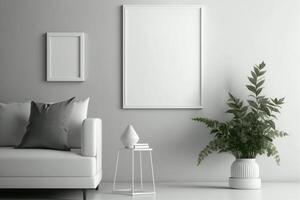 AI Generated Blank square frame mockup for artwork or print on white or gray wall with eucalyptus green plant in vase and sofa scandinavian style, copy space. photo