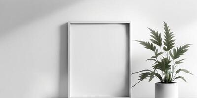 AI Generated Blank square frame mockup for artwork or print on white wall with eucalyptus plant in vase, copy space. photo