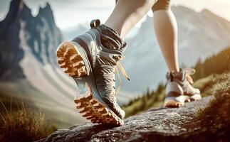 AI Generated Running sneaker shoe sole on hard rocky terrain on mountain path during ultra trail marathon race, athletic man, trained legs during workout outdoors. photo