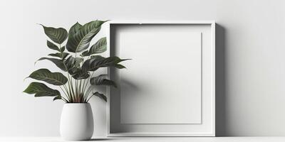 AI Generated Mock up white frame and green plant on desk, White colors. photo