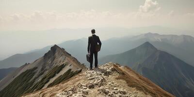 AI Generated Businessman wearing formal suit and holding suitcase, standing on the mountain photo