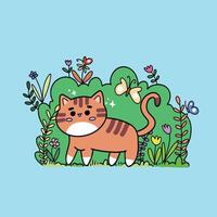 Cute cat playing in bushes kids illustration vector