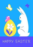 Happy Easter greeting card with white rabbit, yellow egg and butterflies on blue background. vector