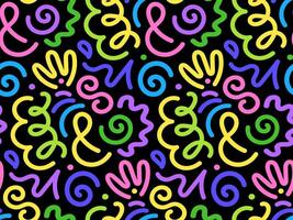 Colorful line doodle seamless pattern. Simple hand drawn scribbles on black background vector