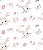Seamless pattern with cartoon bunny and hearts on white background with text sweet love vector