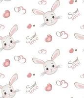 Seamless pattern with cartoon bunny and hearts on white background with text sweet love vector