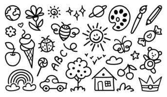 Cute kids hand drawn colored set of simple decorative elements in doodle style. Various icons, childish drawings isolated on white background. vector