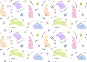 Cute hand drawn Easter seamless pattern with bunnies and easter eggs, isolated on white background, vector