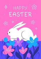 Happy Easter greeting card with white rabbit and flowers on pink background. Modern minimalist design template poster vector