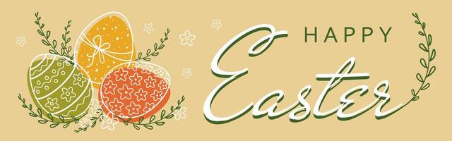 Happy Easter banner with hand drawn colored Easter eggs isolated on gold background. vector