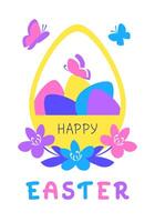 Happy Easter greeting card with basket full of eggs, with flowers and butterflies on white background. vector