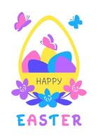 Happy Easter greeting card with basket full of eggs, with flowers and butterflies on white background. vector