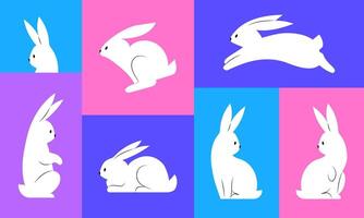Easter bunny cards collection. White rabbits in different poses on bright blue and pink background. vector