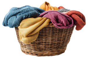 AI generated Colorful laundry in wicker basket on transparent background - stock png. png