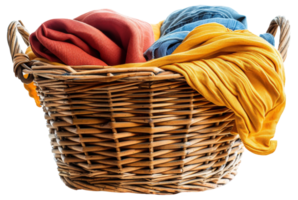 AI generated Colorful laundry in wicker basket on transparent background - stock png. png