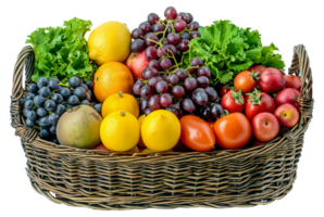 AI generated Wicker basket brimming with colorful vegetables and fruits on transparent background - stock png. png