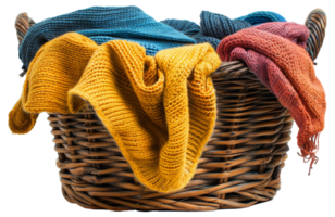 AI generated Colorful laundry in wicker basket on transparent background - stock png. png