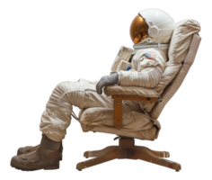 ai généré astronaute se prélasser dans en bois réalisateur chaise sur transparent Contexte - Stock png. png