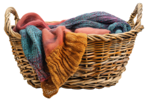 AI generated Laundry in wicker basket on transparent background - stock png. png