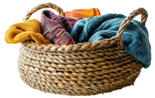 AI generated Colorful laundry in wicker basket on transparent background - stock png. png