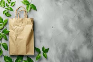 AI generated Banner Paper bag with eco friendly products on gray concrete photo