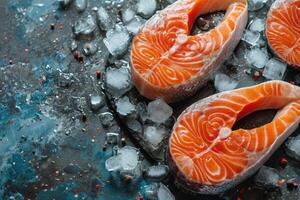 AI generated Raw salmon steaks on ice, top view. photo