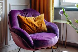 ai generado cómodo silla en esquina de vivo habitación tapizado en púrpura y mostaza color terciopelo telas foto