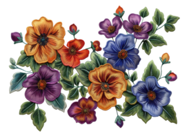 AI generated Elegant embroidered flowers in purple and orange on transparent background - stock png. png