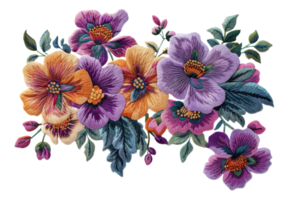 AI generated Exquisite botanical embroidery art with colorful flowers on transparent background - stock png. png