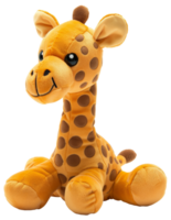 AI generated Giraffe plush toy with long neck and patterned fur on transparent background - stock png. png