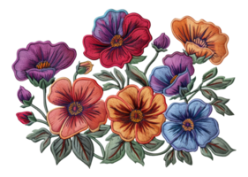 AI generated Exquisite botanical embroidery art with colorful flowers on transparent background - stock png. png