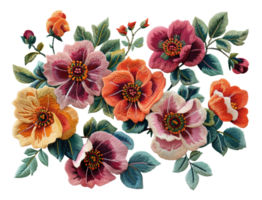 AI generated Vibrant floral embroidery art with orange blooms on transparent background - stock png. png