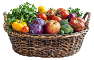 AI generated Wicker basket brimming with colorful vegetables and fruits on transparent background - stock png. png