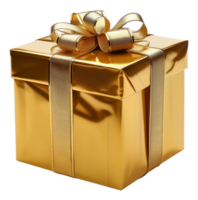 AI generated Golden gift box with shimmering ribbon on transparent background - stock png. png