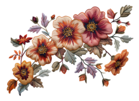 AI generated Vibrant floral embroidery art with orange blooms on transparent background - stock png. png