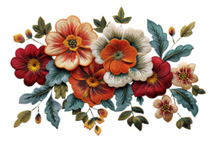 AI generated Exquisite botanical embroidery art with colorful flowers on transparent background - stock png. png