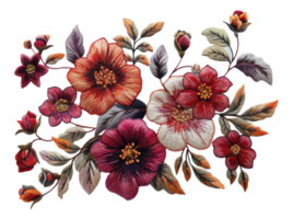 ai generato squisito botanico ricamo arte con colorato fiori su trasparente sfondo - azione png. png