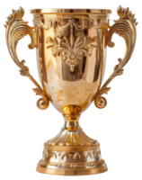 ai gerado ornamentado dourado troféu com intrincado Projeto em transparente fundo - estoque png. png