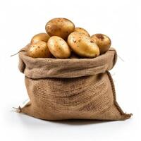 AI generated new potatoes in sackcloth bag isolated on white background photo