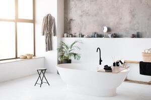 Interior shot of spacious, sunlit bathroom featuring sleek freestanding bathtub photo